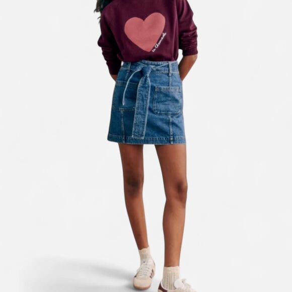 Sézane denim gillie straight cut denim jean tie waist mini skirt xl - Picture 2 of 7